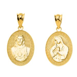 Sideways Crosses Certified 14k Gold Sacred Heart of Jesus and Immaculate Heart of Mary Reversible Medal Pendant