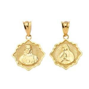 14K Yellow Gold Reversible Immaculate Heart of Mary/Sacred Heart of Jesus 2/3” Medallion Pendant - Pendant Only