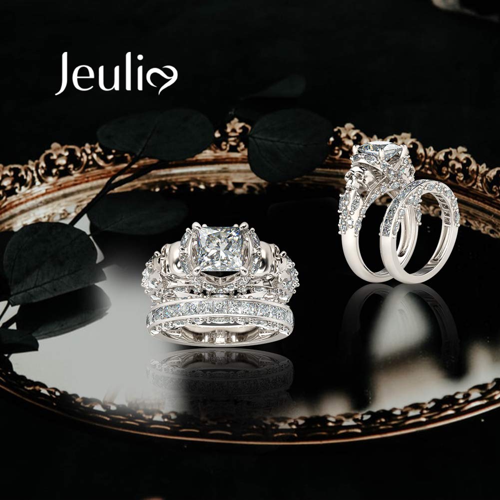 Jeulia Skull Engagement Ring Sets Sterling Silver Promise Eternity Band Rings Diamond Princess Cut with Cubic Zirconia Wedding Engagement Anniversary Promise Rings Bridal Sets (7.5(U.S))