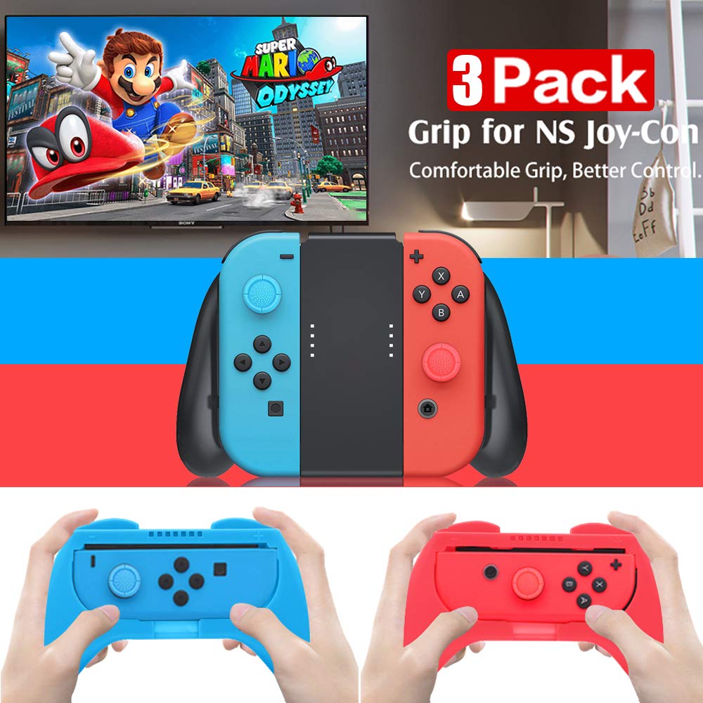 3 Pack Comfort Grips Compatible with Joy Con, Handle Grips Kit Compatible with Switch/OLED Controller with 4 Thumb Caps