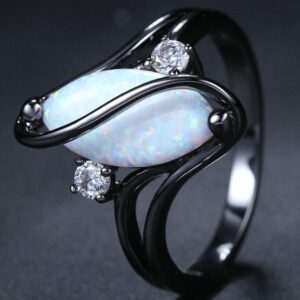 AONEW Big Fire Opal Women Rings Wedding Engagement Band White Opal Black Gold Party Rings Size 10