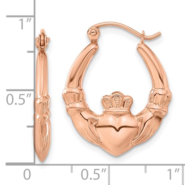 14K Rose Pink Gold Heart Love Irish Claddagh Celtic Hoop Earrings Jewelry