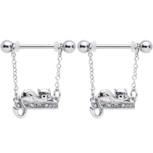 Body Candy 14G Womens Nipplerings Piercing 5/8" 2Pc Clear Accent Nap Cat Steel Nipple Ring Set 16mm