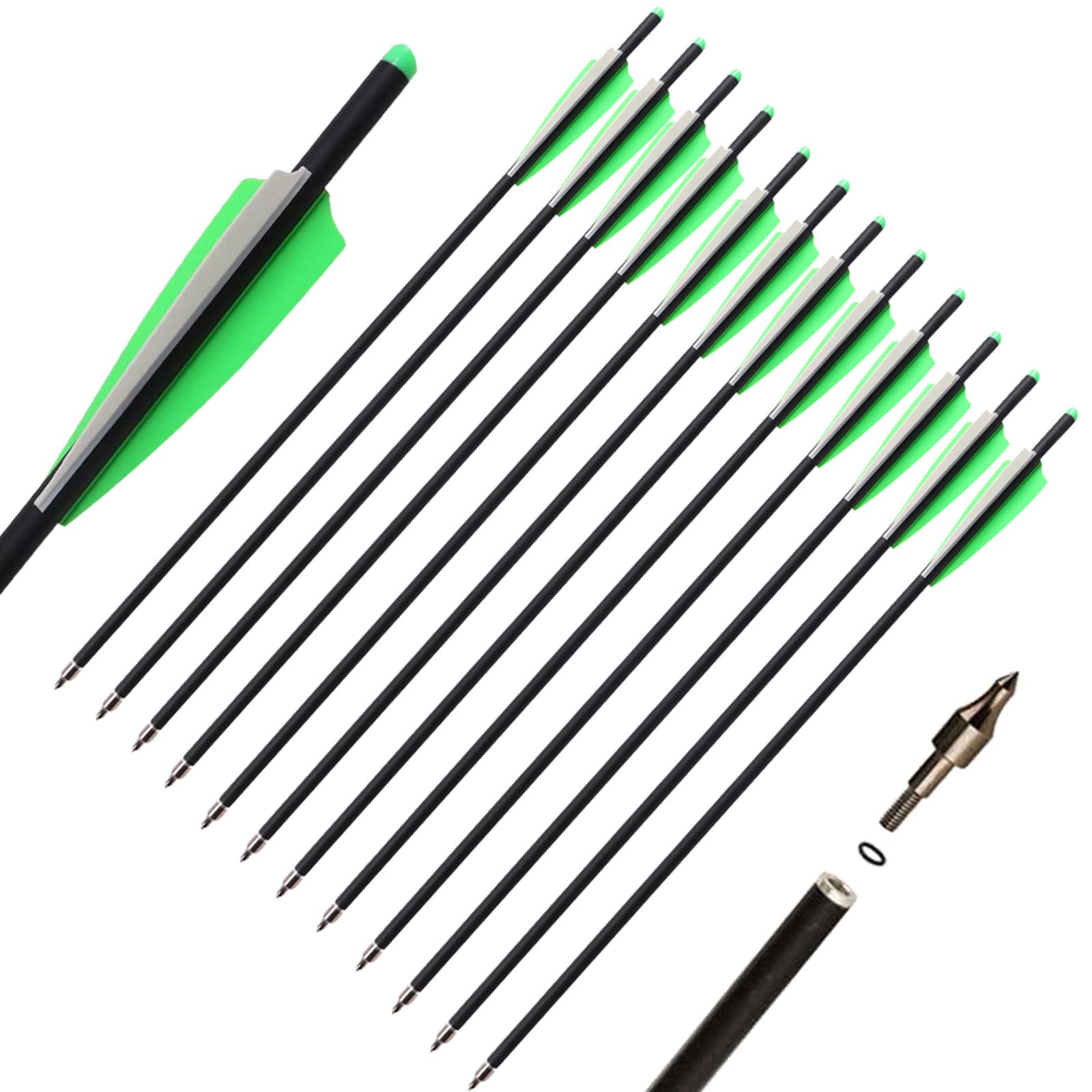 TOPARCHERY 12pcs Crossbow Arrows Crossbow Bolts 20 inch Hunting Archery Crossbow Carbon Arrows with 4 inch Vanes and Replaced Arrowhead/Tip (A Green white 20'')