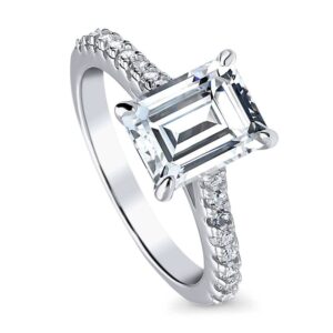 BERRICLE Sterling Silver Solitaire Wedding Engagement Rings 2.6 Carat Emerald Cut Cubic Zirconia CZ Promise Ring for Women, Rhodium Plated Size 4.5