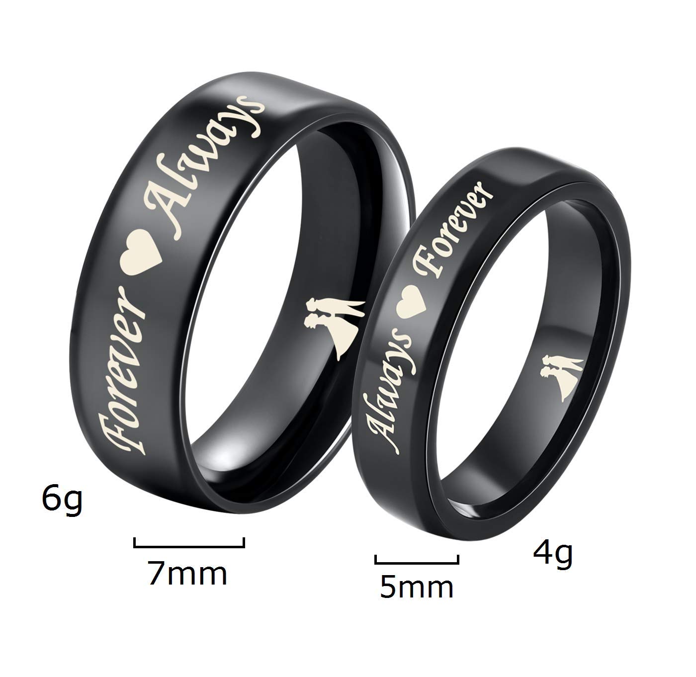 Always and Forever Titanium Stainless Steel Wedding Band Set Valentine Engagement Promise Couple Ring