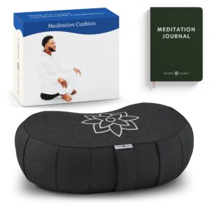 mindful & modern large meditation cushion | zafu yoga bolster meditation floor pillow seat | buckwheat hull filled crescent shaped cushion with removable washable cover + carry handle (minimal black)