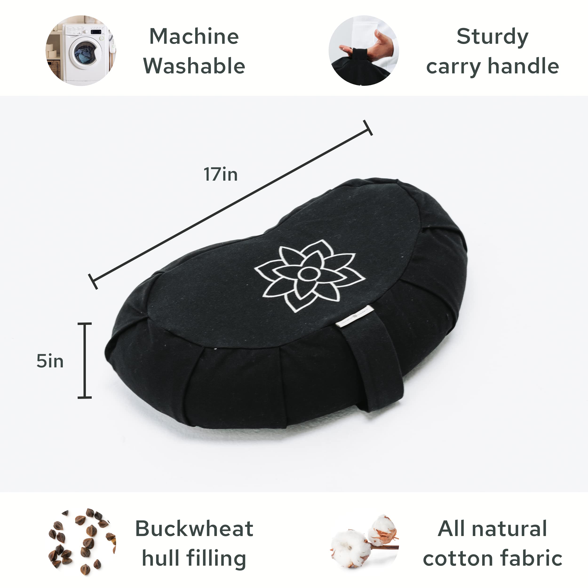 Mindful & Modern Large Meditation Cushion | Zafu Yoga Bolster Meditation Floor Pillow Seat | Buckwheat Hull Filled Crescent Shaped Cushion with Removable Washable Cover + Carry Handle (Minimal Black)