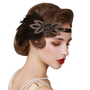 SWEETV 1920s Flapper Feather Headband, 20s Sequined Showgirl Headpiece, Gatsby Hair Accessories for Women (Black)