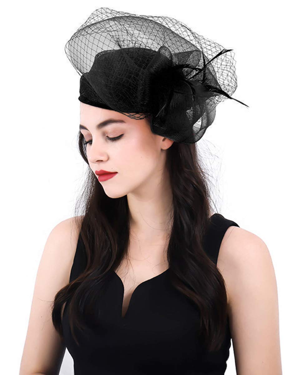 Z&X Sinamay Fascinator Pillbox Hats for Women Wedding Tea Party Mesh Flower Church Hat with Clip Black