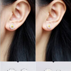 Daisy Earrings Stud for Women Teen Girls S925 Sterling Silver 14K White Yellow Gold Plated Pierced Ear Tiny Small Flower Leaf Stud Earrings Post Pin Hypoallergenic Jewelry (9.5mm)