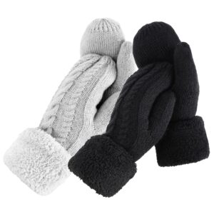 Verabella Womens Mittens Cold Weather Sherpa Lined Mittens Women Winter Mittens Warm Mittens for Women,2 Pairs,Black/Light Grey Braid