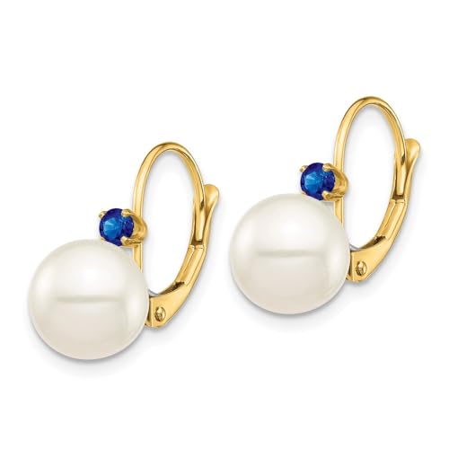 14K Yellow Gold 8mm White Round Freshwater Cultured Pearl Blue Sapphire Drop Dangle Earrings Gemstone September Birthstone Jewelry