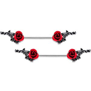 body candy 14g womens nipplerings piercing 9/16" 316l steel 2pc red rose gunslinger gun nipple ring set