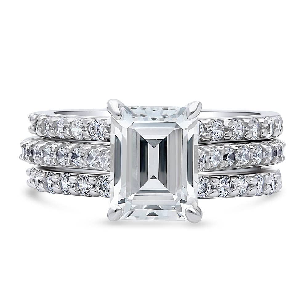 BERRICLE Sterling Silver Solitaire Wedding Engagement Rings 2.6 Carat Emerald Cut Cubic Zirconia CZ Ring Set for Women, Rhodium Plated Size 7.5