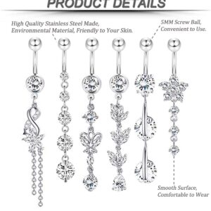 YOVORO 6PCS 14G 316L Stainless Steel Belly Button Rings for Women Navel Rings Barbell Dangle Flower CZ Body Piercing (C: 6 Pcs Silver-tone)