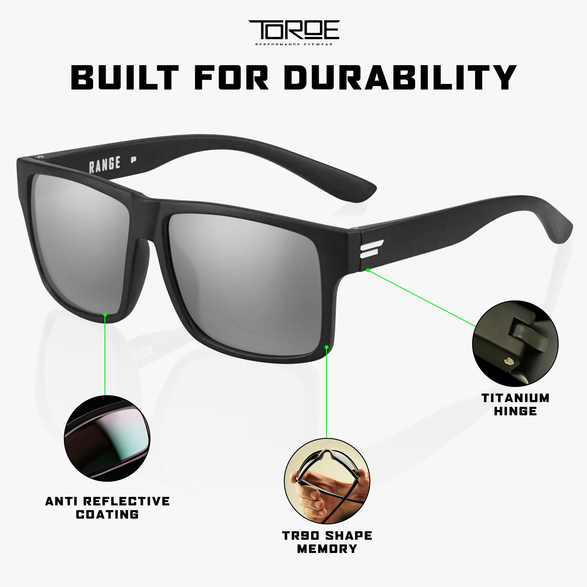 TOROE Classic RANGE Black Frame Polarized TR90 Unbreakable Sunglasses with Hydrophobic Coated Polycarbonate AR Lenses (Matte Black | Silver (CAT3))