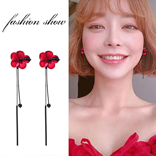 Trendy Red Green Poppy Flower Black Long Line Bar alloy Tassel Earrings for Women Charm Drop Dangle Earring Jewelry (Red)