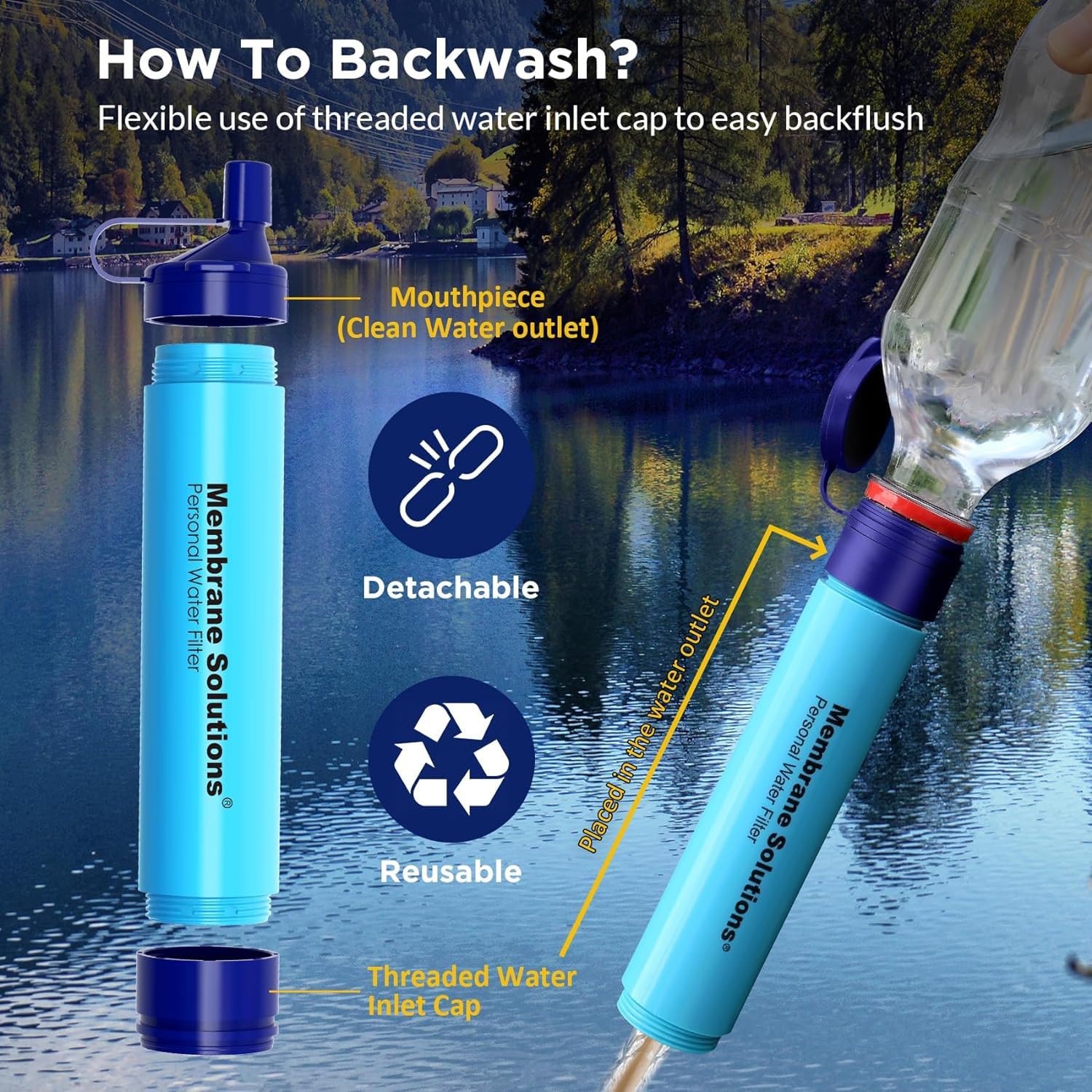 Membrane Solutions Personal Water Filter, Survival Filtration Straw Portable Gear, Emergency Preparedness, Supply for Drinking Hiking Camping Travel Hunting Fishing Team Family Outing (Blue, 2 Pack)