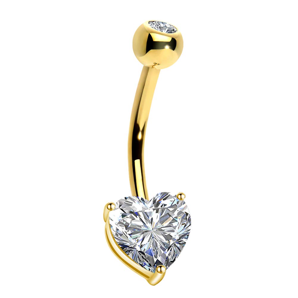 OUFER 14K Gold Heart Solitaire Cubic Zirconia Belly Button Rings Navel Rings Body Piercing Jewelry