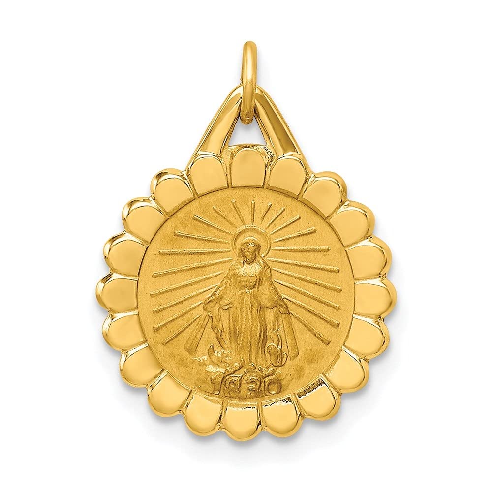 Diamond2Deal 14k Yellow Gold Satin Small Round Scalloped Miraculous Medal (L- 20 mm W- 14.8 mm)