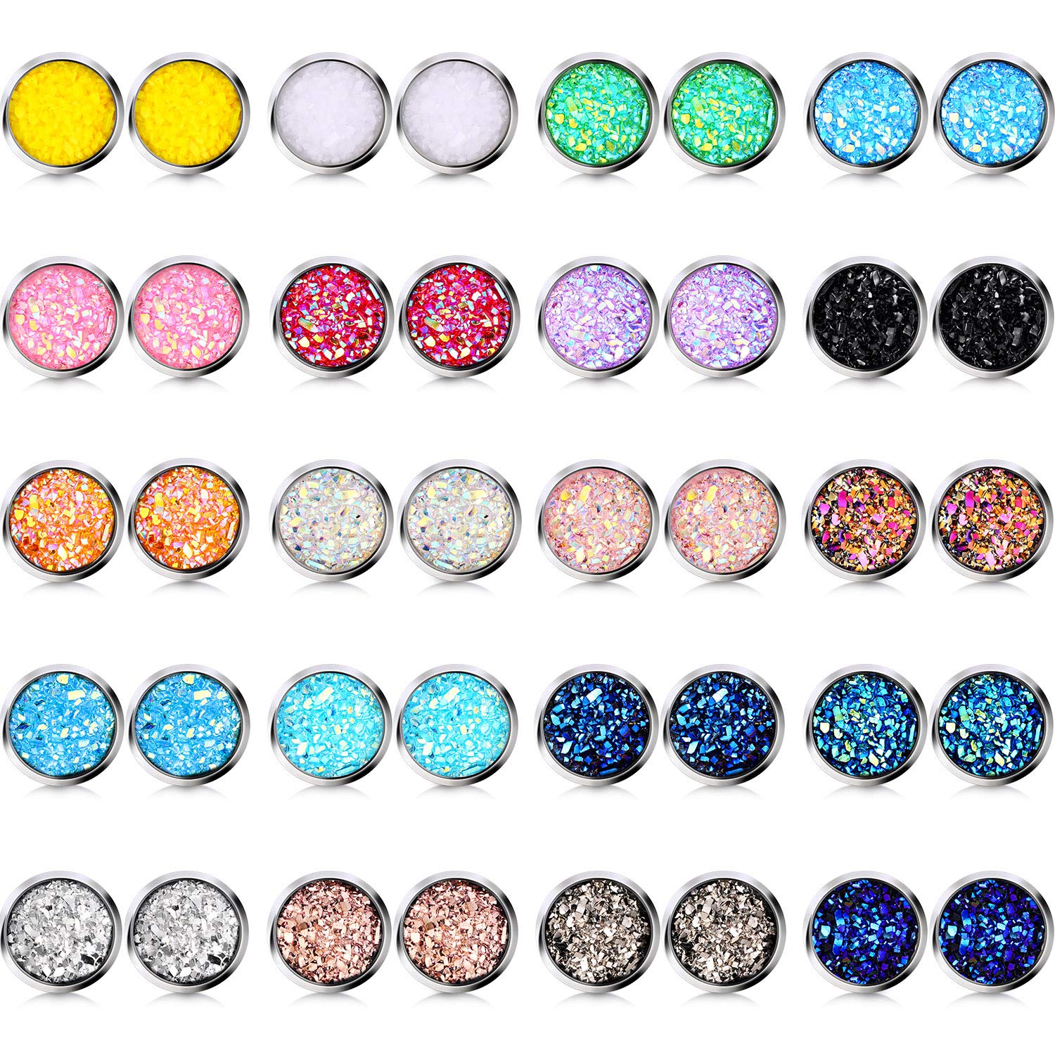 20 Pairs Druzy Stud Earrings Set Stainless Steel Earrings Pierced Earrings Jewelry for Women(Round)