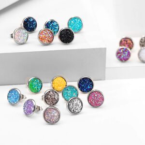 20 Pairs Druzy Stud Earrings Set Stainless Steel Earrings Pierced Earrings Jewelry for Women(Round)