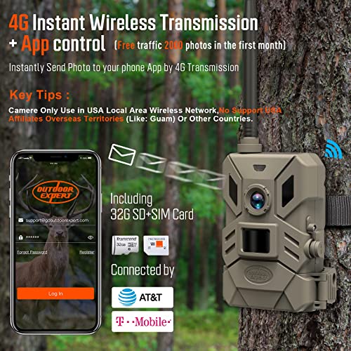 OUTDOOR EXPERT 4G Cellular Trail Camera,20MP Hunting Camera with No Glow 940nm IR Led Night Vision,HD Video IP66 Waterproof Game Cam,90FT Flash Range Wildlife Monitor Camera