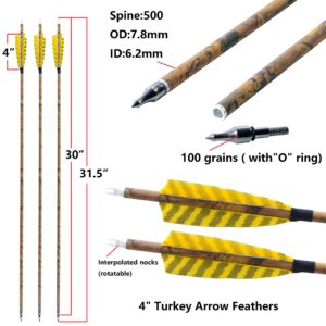 AMEYXGS Camo Carbon Arrow 30 Inch Practice Hunting Arrow Spine 500 with 4 Inch Turkey Feathers for Traditional Recurve Compound Bows (6)