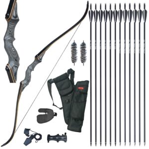 D&Q 60'' Archery Bow and Arrow Set for Adults, Hunting Bow, Recurve Bows for Adults Right Hand, Black Hunter Longbow Bow and Arrow Adult Beginner, Archery Set with 12pcs Fiberglass Arrows (50lbs)