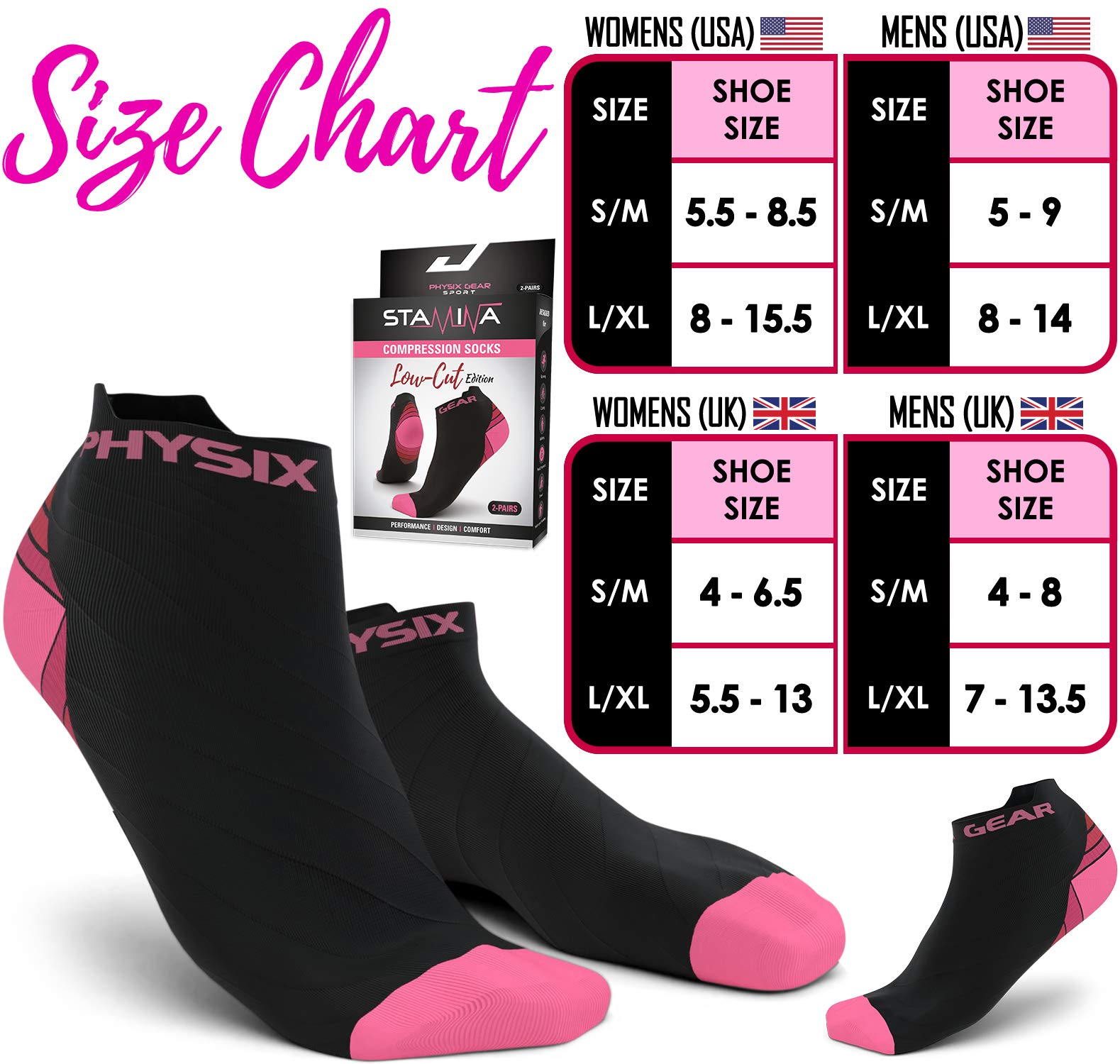 Physix Gear Sport Low Cut Socks Men & Women - Ankle Compression Running Socks (2Pair Blk-Pnk S/M)