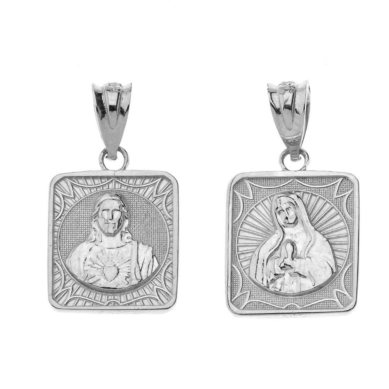 Sterling Silver Immaculate Heart of Mary/Sacred Heart of Jesus 0.87" Square Medal Reversible Pendant