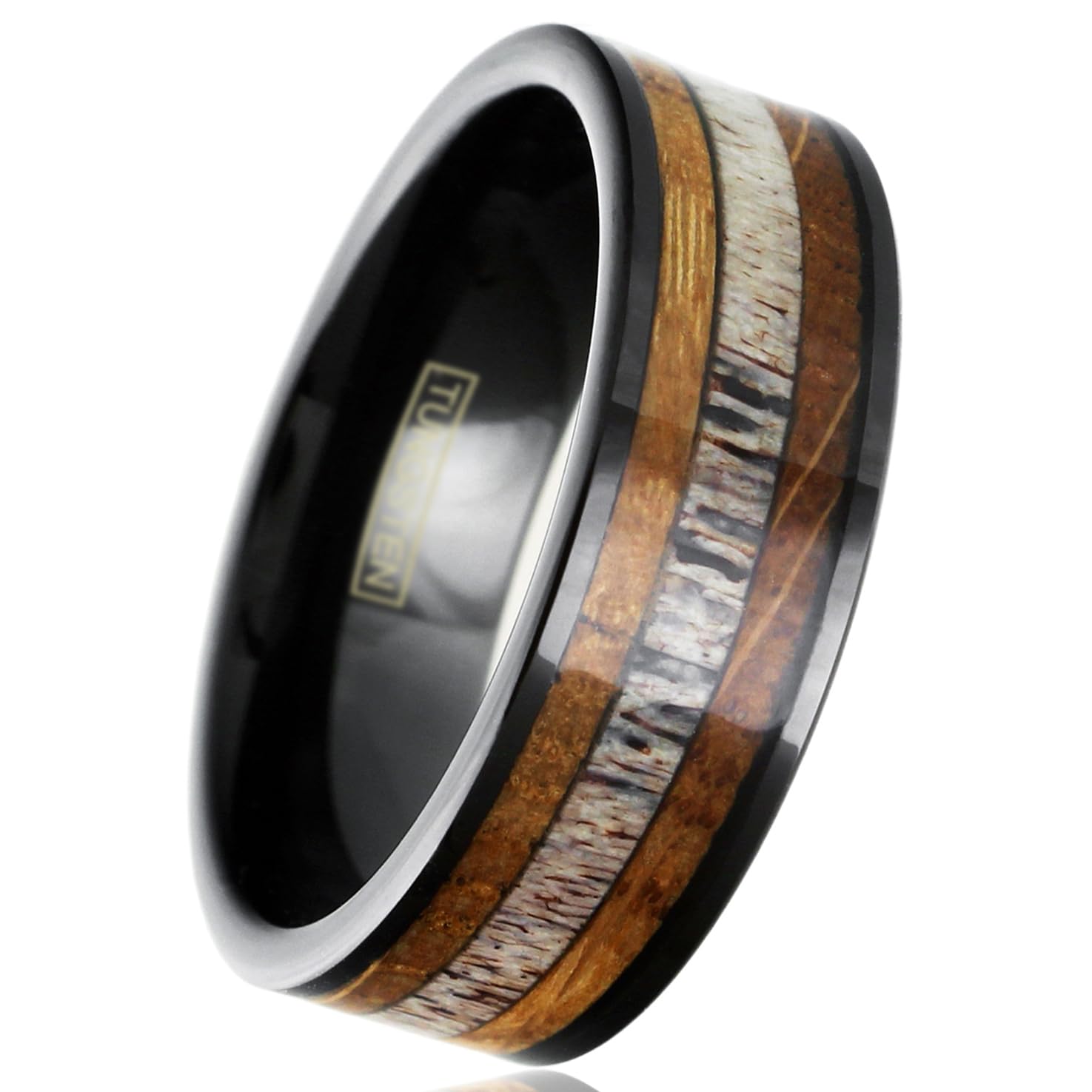 Engraved Personalized 8mm Piano Black Tungsten Carbide Flat Band Ring with Deer Antler Between Whiskey Barrel Oak Wood Inlays. (tungsten (8mm), 12.5)