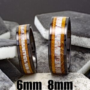 Engraved Personalized 8mm Piano Black Tungsten Carbide Flat Band Ring with Deer Antler Between Whiskey Barrel Oak Wood Inlays. (tungsten (8mm), 12.5)