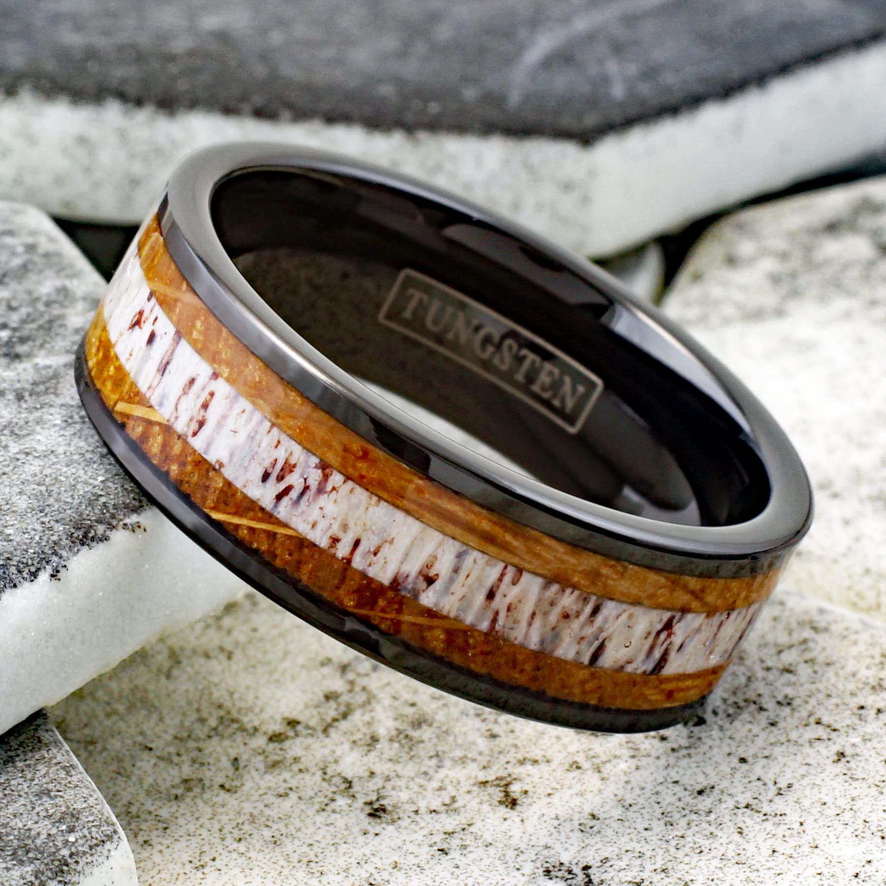 Engraved Personalized 8mm Piano Black Tungsten Carbide Flat Band Ring with Deer Antler Between Whiskey Barrel Oak Wood Inlays. (tungsten (8mm), 12.5)