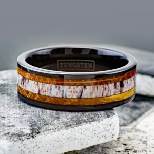 Engraved Personalized 8mm Piano Black Tungsten Carbide Flat Band Ring with Deer Antler Between Whiskey Barrel Oak Wood Inlays. (tungsten (8mm), 12.5)