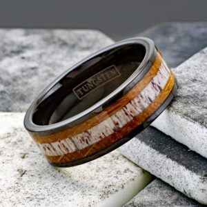 Engraved Personalized 8mm Piano Black Tungsten Carbide Flat Band Ring with Deer Antler Between Whiskey Barrel Oak Wood Inlays. (tungsten (8mm), 12.5)