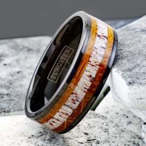 Engraved Personalized 8mm Piano Black Tungsten Carbide Flat Band Ring with Deer Antler Between Whiskey Barrel Oak Wood Inlays. (tungsten (8mm), 12.5)