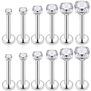 scerring 6 pairs 16g stainless steel 2-4.5mm prong setting clear cz internally threaded labret monroe lip earring ring body piercing jewelry 10mm - silver