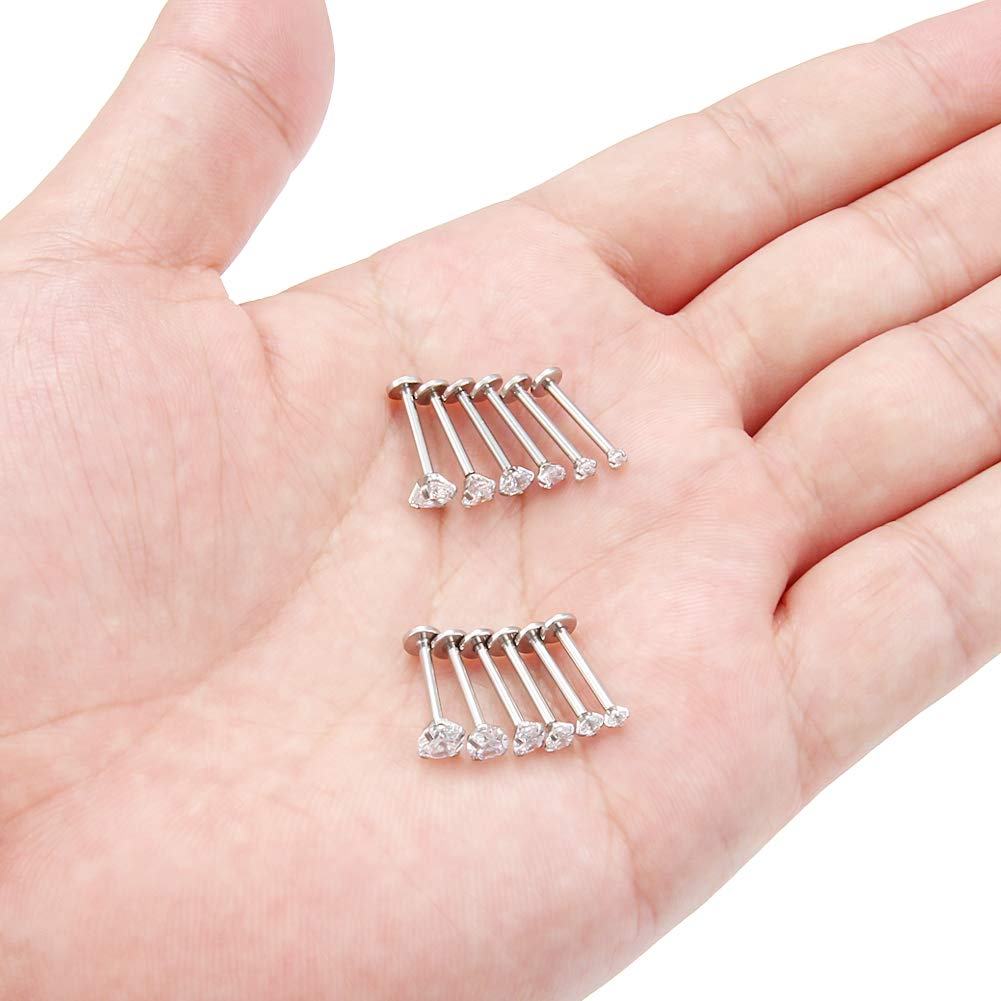 SCERRING 6 Pairs 16g Stainless Steel 2-4.5mm Prong Setting Clear CZ Internally Threaded Labret Monroe Lip Earring Ring Body Piercing Jewelry 10mm - Silver