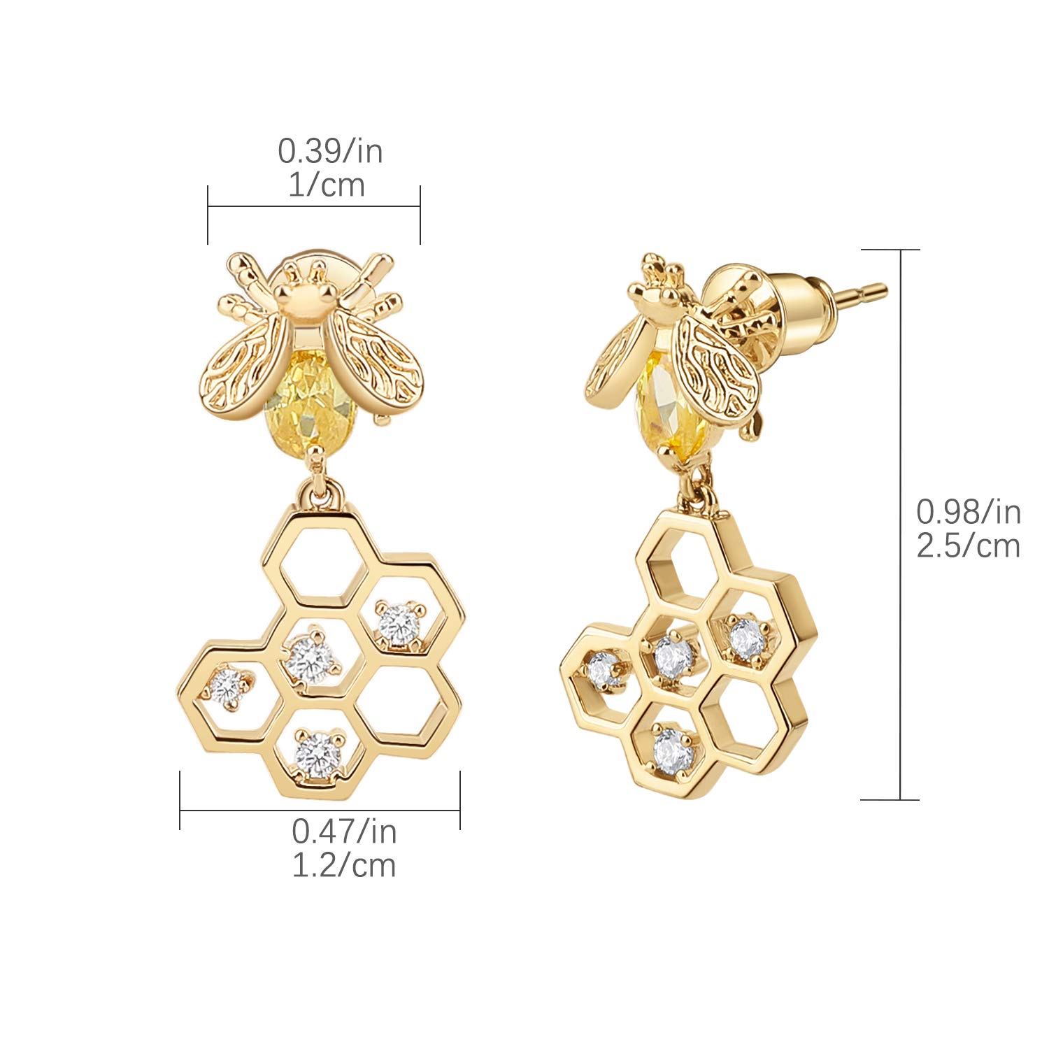 Emibele Dangle Earrings, 925 Sterling Silver Needle Cubic Zirconia Brass Small Bee & Honeycomb Drop Earrings for Women Ladies Adult Fashion Jewelry Accessories - Champagne Gold