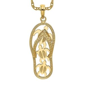 14k yellow gold triple sea turtle hawaiian flip flop necklace beach sandals pendant ocean vacation charm 37mm x 11.5mm only