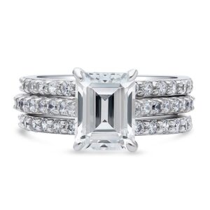 BERRICLE Sterling Silver Solitaire Wedding Engagement Rings 2.6 Carat Emerald Cut Cubic Zirconia CZ Ring Set for Women, Rhodium Plated Size 7