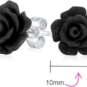 XChuyinie Tiny Floral Earrings 3D Carved Rose Flower Stud Earrings For Women Resin Silver Plated Brass 10mm(Multiple Colors Available)(Black)