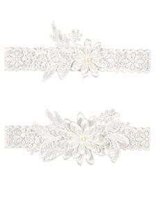 2 pieces wedding garters for bride sexy lace leg garter belt hand sewn faux pearls bride garter set(white)