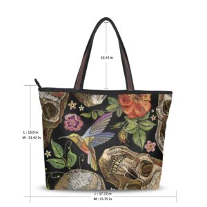 Women Tote Top Handle Shoulder Bags Gothic Skull Red Roses Flamingo Large Zip Ladies Handbag