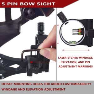 GPP 5 Pin Bow Sight - .029 Fiber, Brass Pin, Aluminum Machined - Right and Left Handed,with LED Sight Light