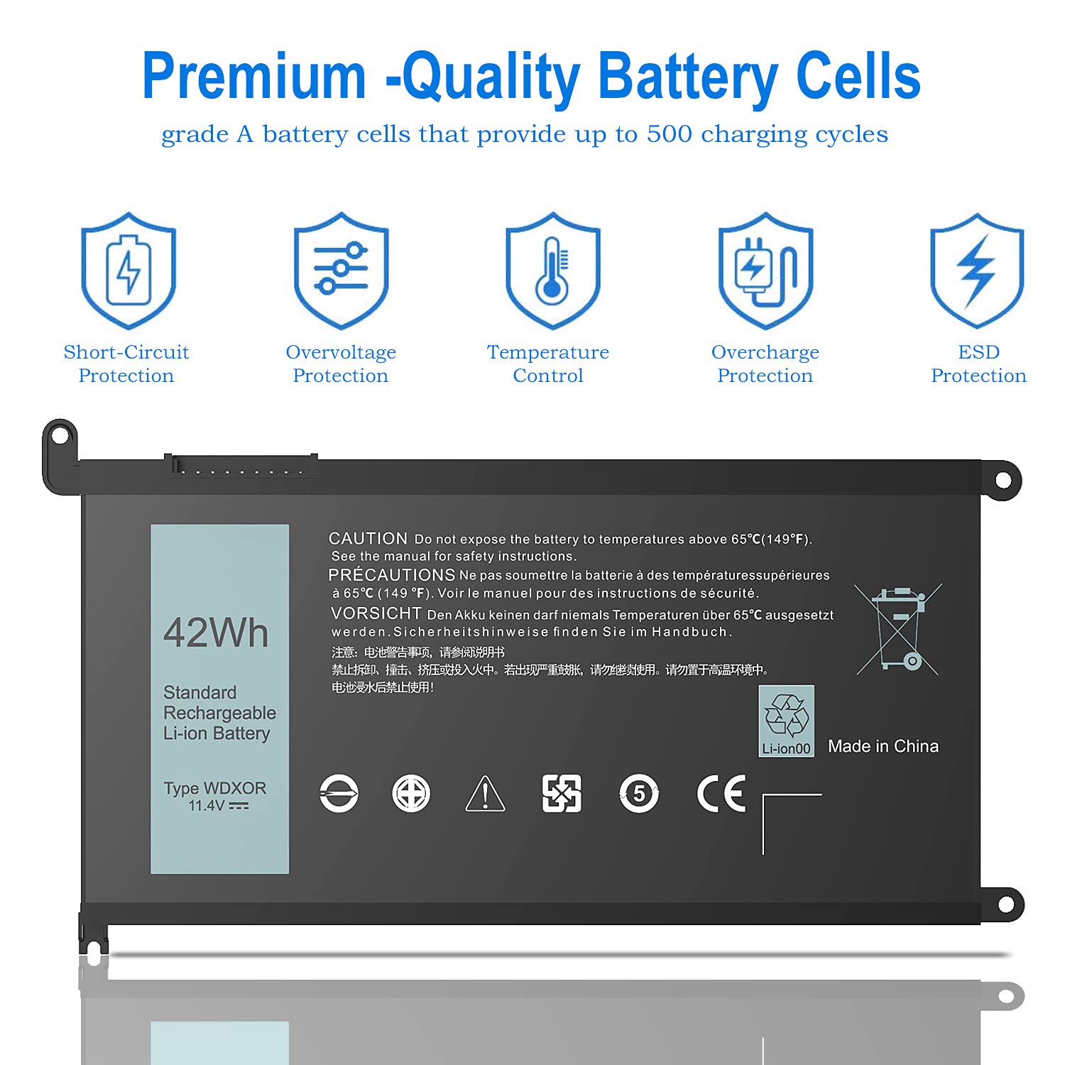 WDX0R Laptop Battery for Dell Inspiron 13 5368 5378 5379 7368 7378 Inspiron 14-7460 Inspiron 15 5565 5567 5568 5578 7560 7570 7579 7569 P58F Inspiron 17 5765 5767 FC92N 3CRH3 T2JX4 CYMGM - 42Wh/11.4V