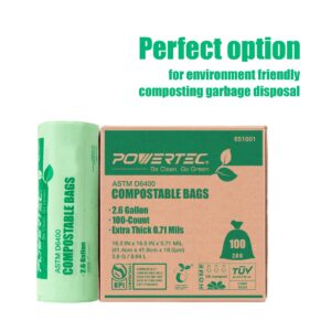 POWERTEC Compostable Bags, 2.6 Gallon (9.84 Liter), 100 Count, Extra Thick 0.71 Mil Kitchen Scrap Waste Bag, ASTM D6400 US BPI & European OK Compost Home Certified, Biodegradable Yard Waste Trash Bag