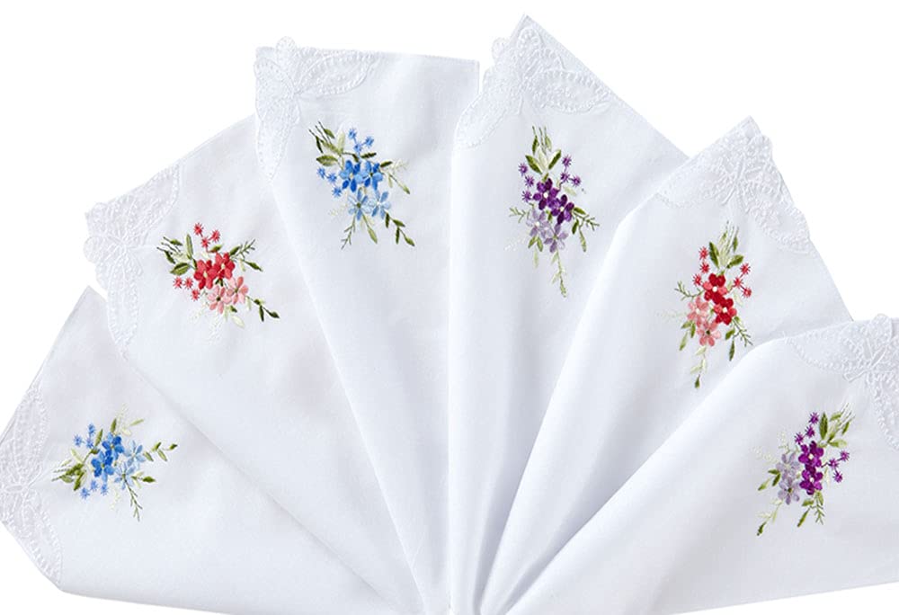 Women's 100% Cotton Handkerchief,Embroidery Hankies Pack of 6, White, One Size